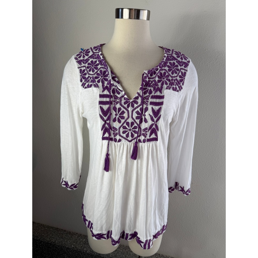 Lucky Brand Womens Small White Purple Embroidered Peasant Top Tassel Boho Blouse - Picture 1 of 8